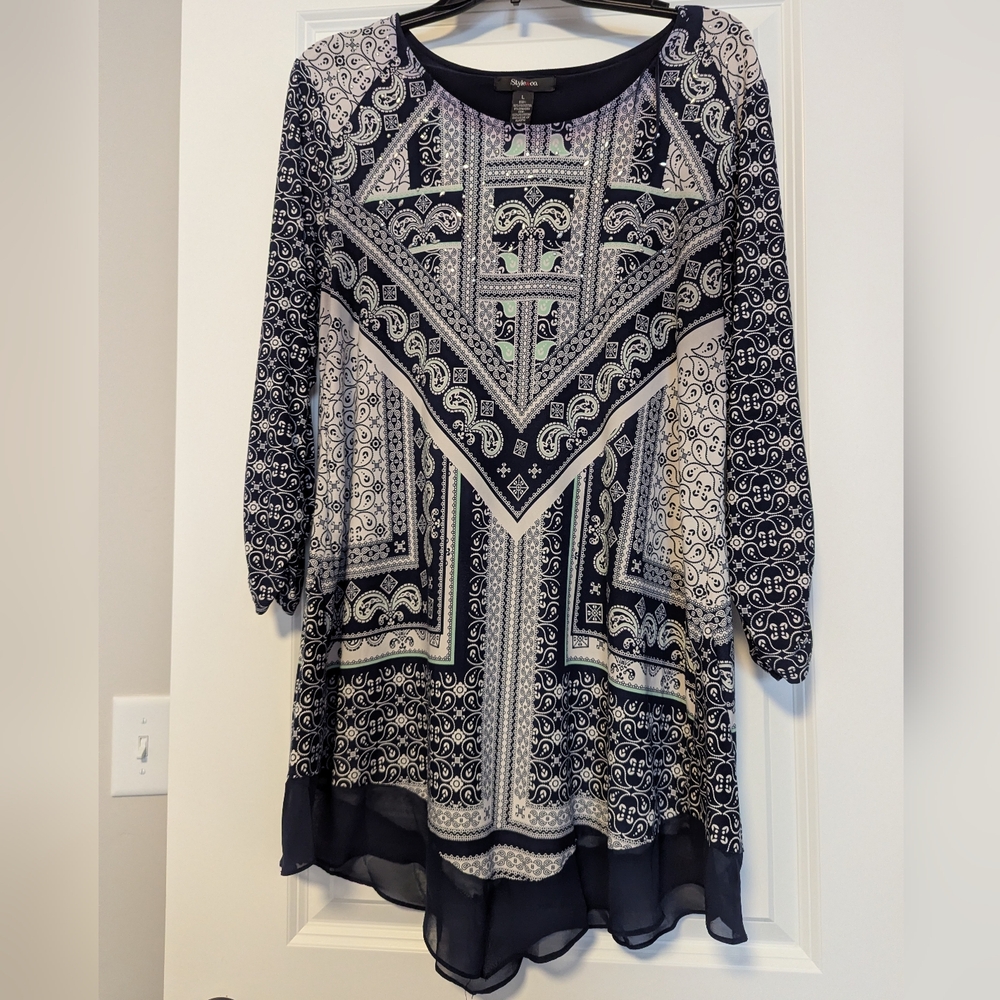 Style & Co. Navy and White Printed Tunic Top